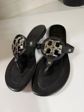 Tory Burch Miller Sandals in Black and Silver. EUC